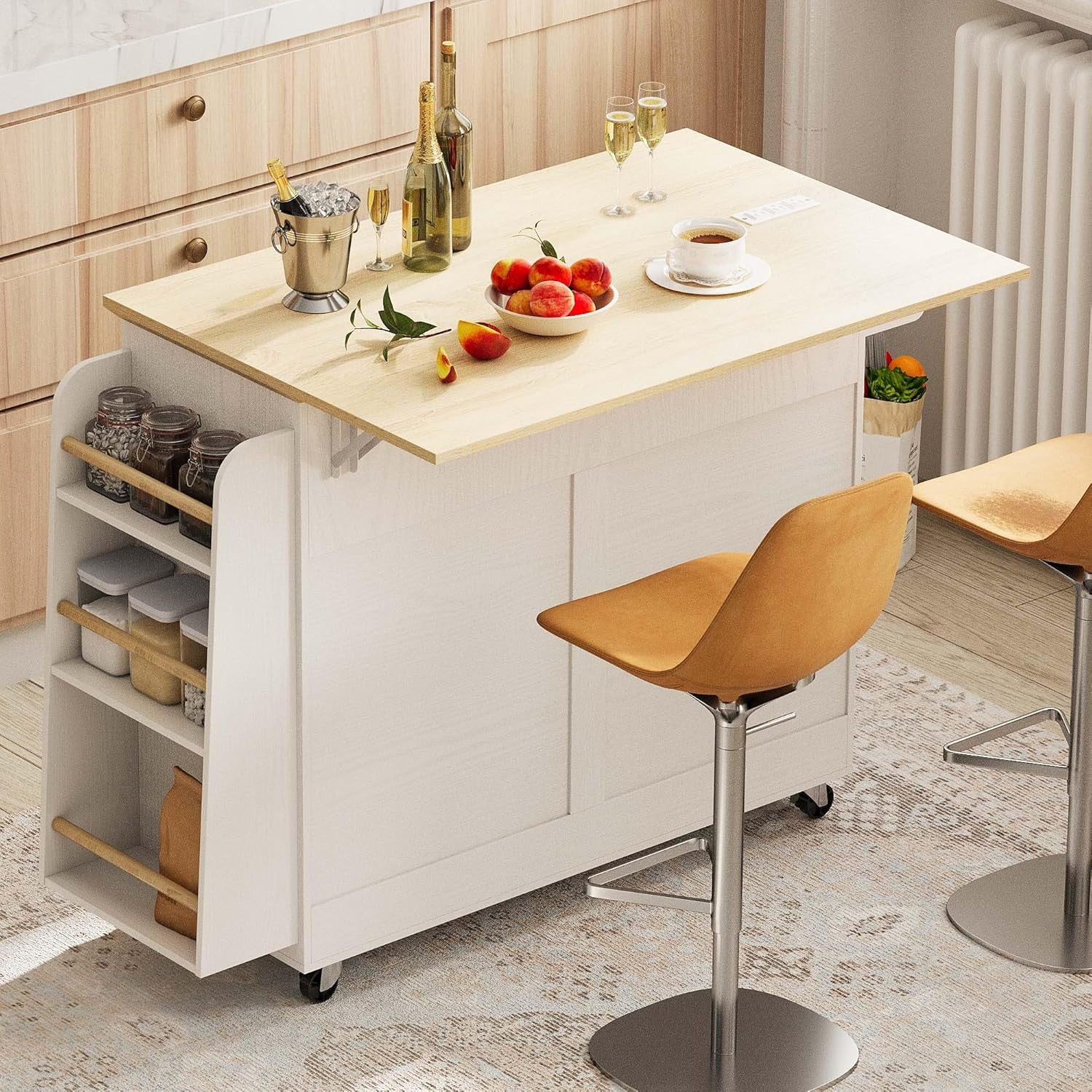 Kitchen Island Table with Storage, Rolling Kitchen Cart with Power Outlet, Storage Cabinets on Wheels with Drop Leaf, Portable for Dining Room, White