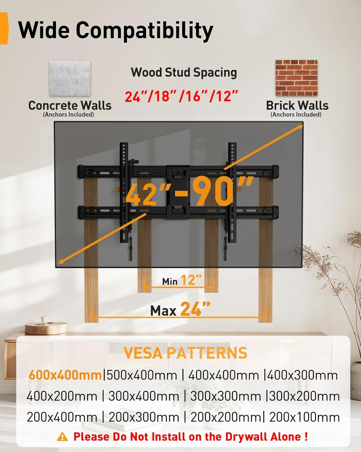 Tilting TV Wall Mount for 42–90 Inch Tvs with Leveling Adjustment, Low Profile TV Mount up to 132 Lbs, Wall Mount Bracket Fits 12”/16”/18”/24” Wood Studs, Max VESA 600X400Mm, PGLT9