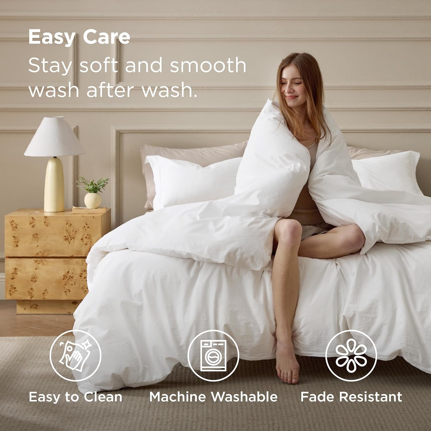 Bedsure 100% Washed Cotton Duvet Cover King Size - Natural White Minimalist Bedding Set Linen like - Purewoven Plain Simple & Soft Comforter Cover for All Seasons (Natural White, King, 104"X90")