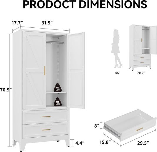 71" Metal Wardrobe Closet with 2 Drawers & Hanging Rod, Freestanding Armoire Storage Cabinet with Adjustable Shelf and 2 Doors, White Steel Closet Organizer for Bedroom