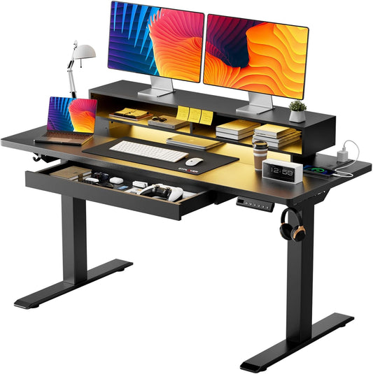 Electric Standing Desk with Drawers, 48 X 24 Inch Height Adjustable Gaming Desk with Monitor Stand, Power Outlets & LED Lights, Home Office Sit Stand up Desk with Memory Preset (Black)