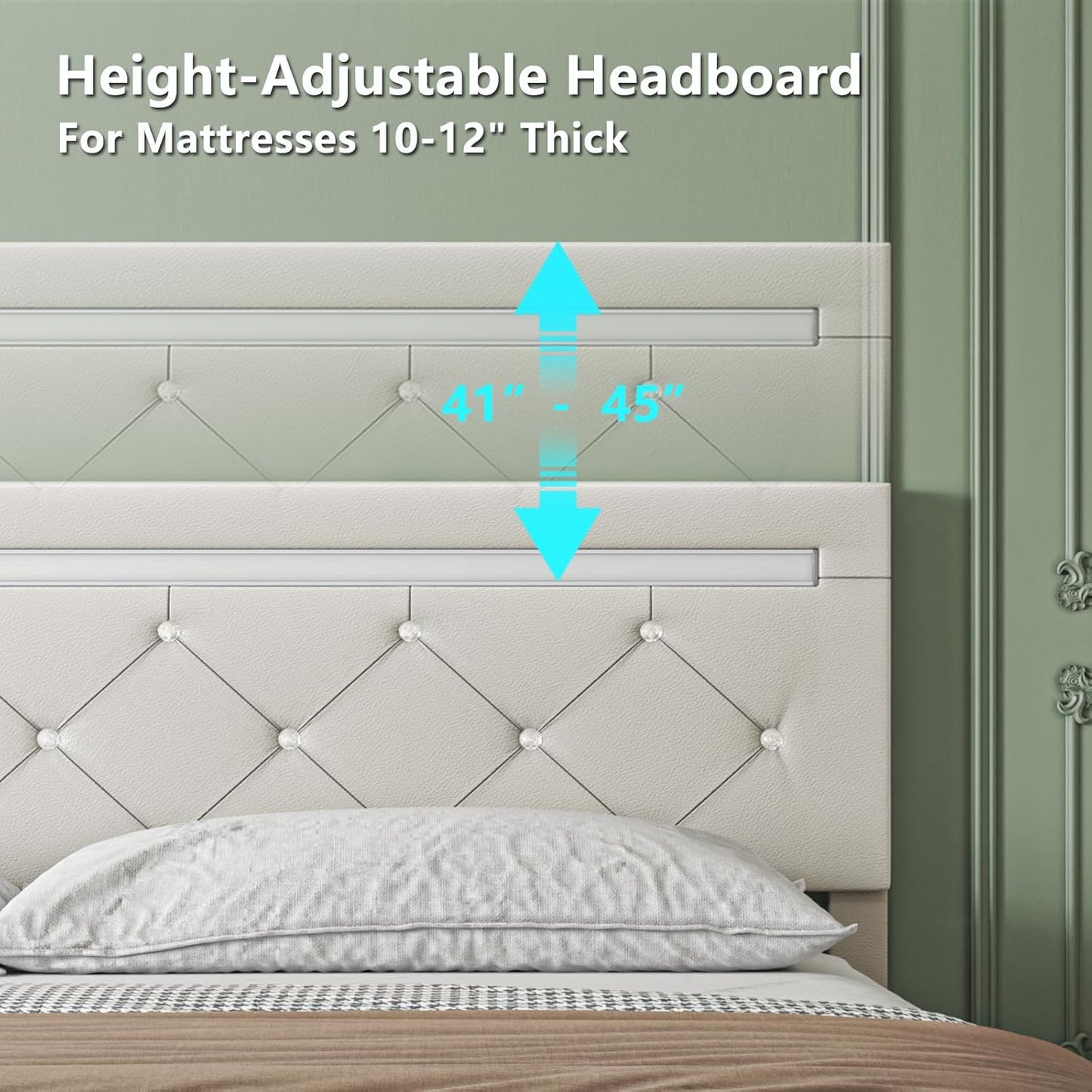 Bed Frame Full Size with LED Light and Storage Drawers, Adjustable Headboard with PU Leather Upholstered, 2 Sockets and 2 USB Ports, No Box Spring Needed,Wooden Slats Support, White.