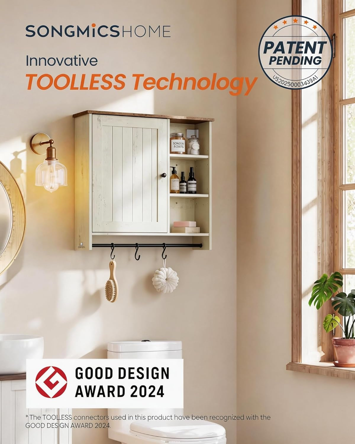 Bathroom Wall Mounted Storage Cabinet, Superfast Toolless Assembly, over the Toilet Hanging Medicine Cabinet with Adjustable Shelves & Door, for Kitchen/Pantry, Rustic White UBBC113WJ04S