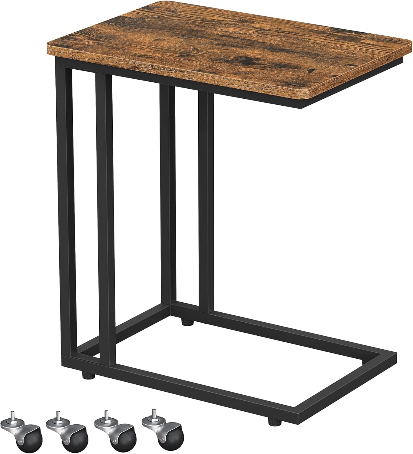 End Table, C Shaped TV Tray with Metal Frame Rolling Casters, Industrial Side Table for Living Room Bedroom, 19.7 X 13.8 X 23.6 Inches, Rustic Brown and Black