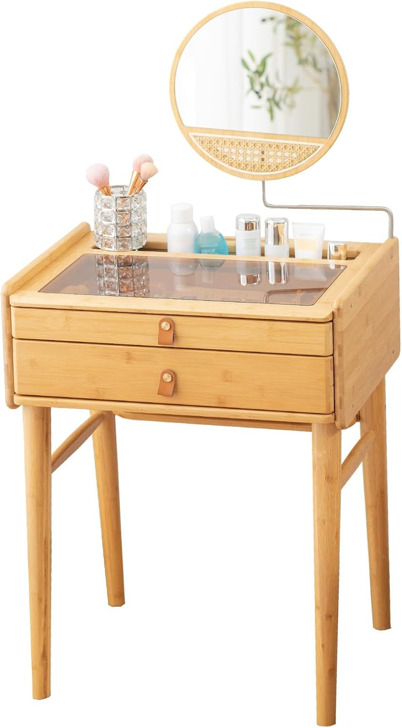 Vanity Desk, Makeup Vanity Table with Mirror, Dressing Table with 2 Drawers,Modern Wood Bedroom Vanity Vintage Dressing Table for Women Girls