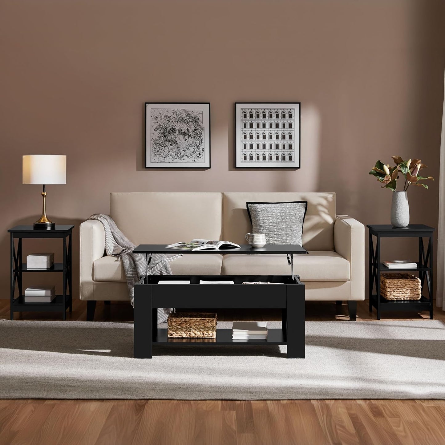 Modern Living Room 3 Pieces Table Sets, Lift Top Coffee Table and End Table Sets for Home and Office, Easy Assembly Accent Furniture with Hidden Compartment and Open Storage Shelf, Black