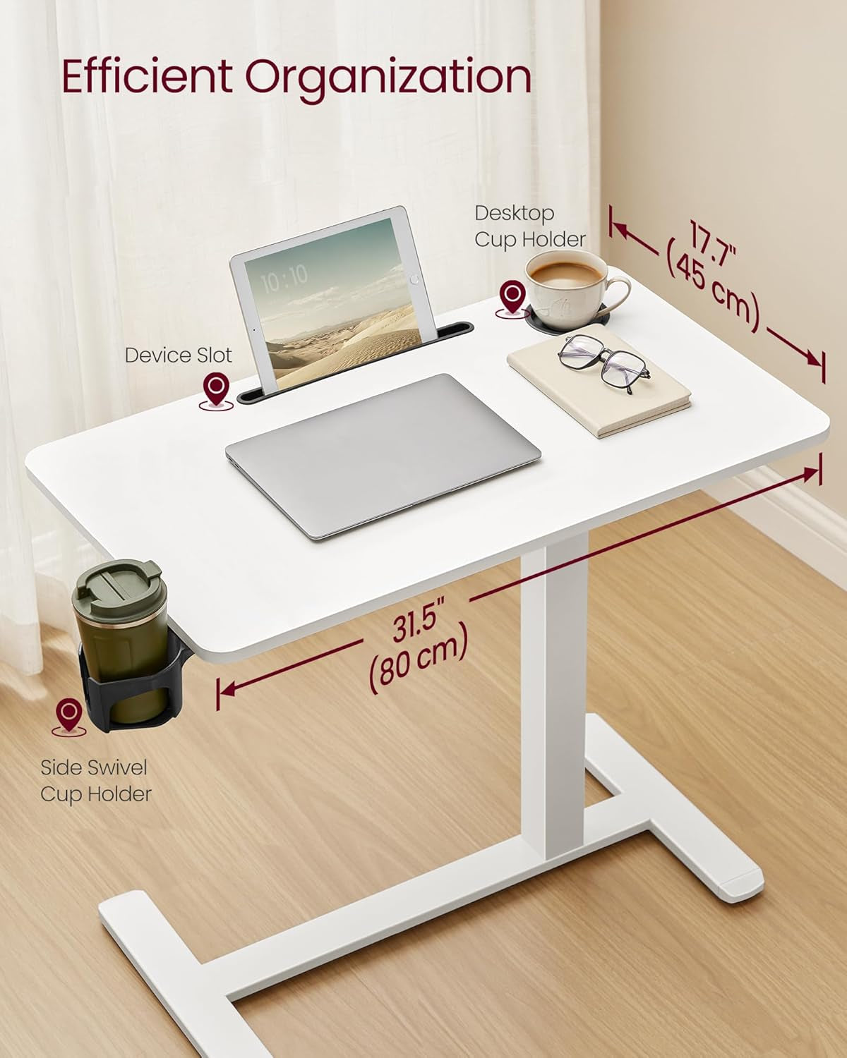 Overbed Table with Wheels, Mobile Standing Computer Desk, 31.5 X 17.7 Inches Tabletop, Adjustable Height, 2 Cup Holders, Phone and Tablet Slot, Cloud White ULSD601W01