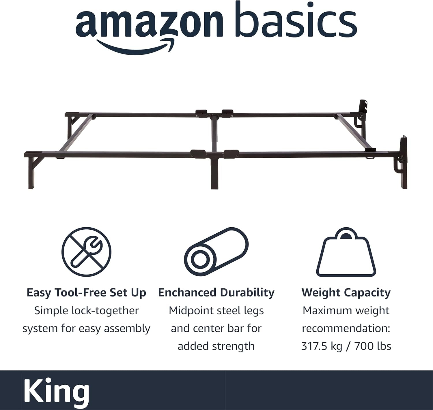 Metal Bed Frame, 9-Leg Support Base for Box Spring and Mattress, King-Size, Tool-Free Easy Assembly, 79.6" X 76" X 7", Black