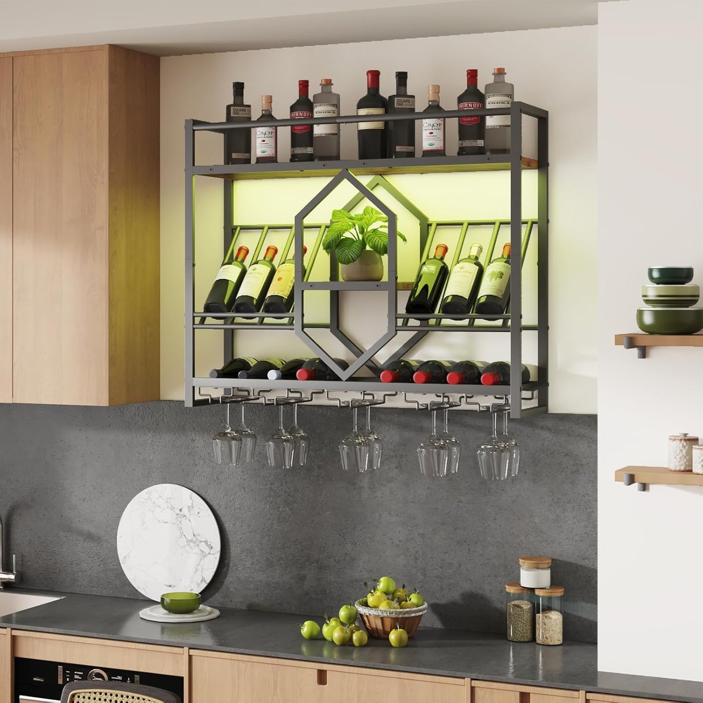 Wall Mounted Wine Rack with LED Light, 31.5" Wine Shelf, 3 Tier Wine Bottle Display Shelf with Glass Holder, Hanging Bar Liquor Storage Rack, for Kitchen, Bar, Rustic Brown and Black BF73DBJ01