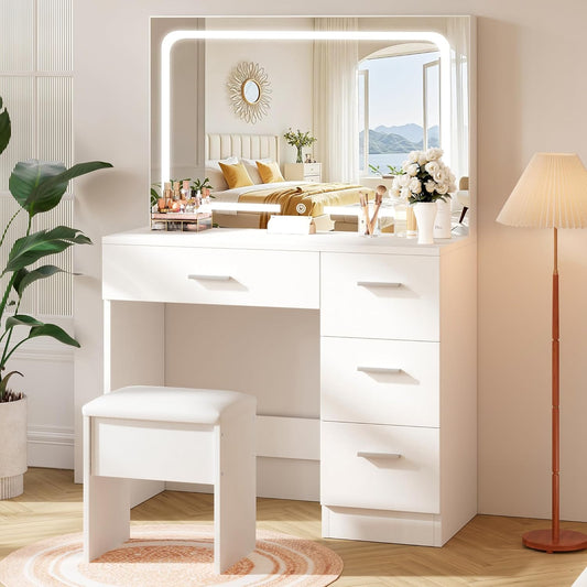 Vanity Desk with LED Mirror, Makeup Vanity with Drawer and Cushion Stool, Dressing Table for Bedrrom, White
