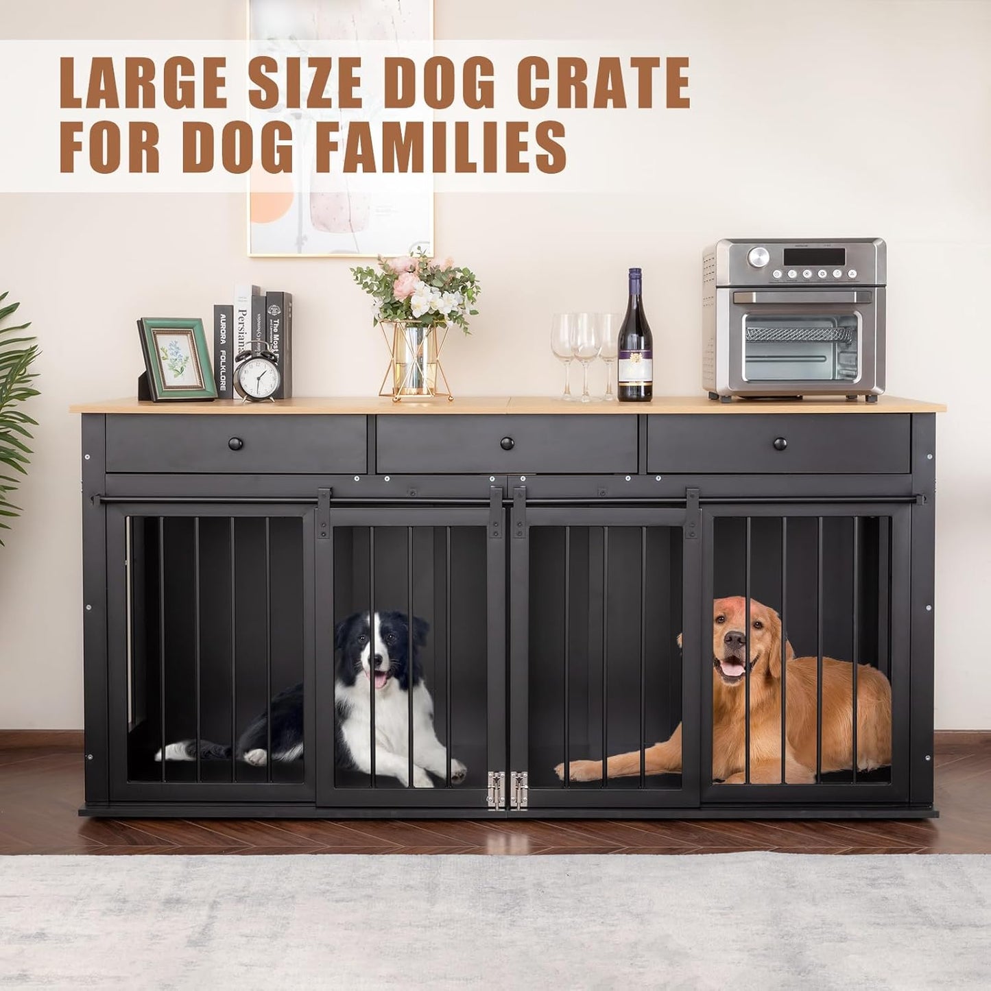 Dog Crate Furniture Large Breed Wooden Dog Kennel with Room Divider & 3 Drawer,Black Double Doors Heavy Duty Dog Crate End Table Indoor TV Stand for Small Medium Large Dog,72''W*24''D*35''H