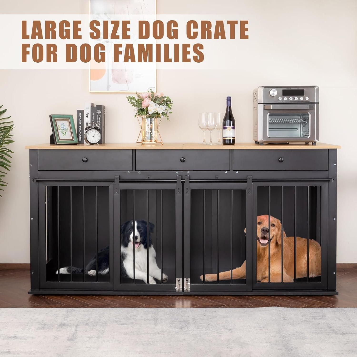 Dog Crate Furniture with Divider,Wooden Dog Kennel End Table,Large Breed Dog House Indoor for One Large Dog or Two Small Dogs,Double Doors,White,47''W*24''D*35''H