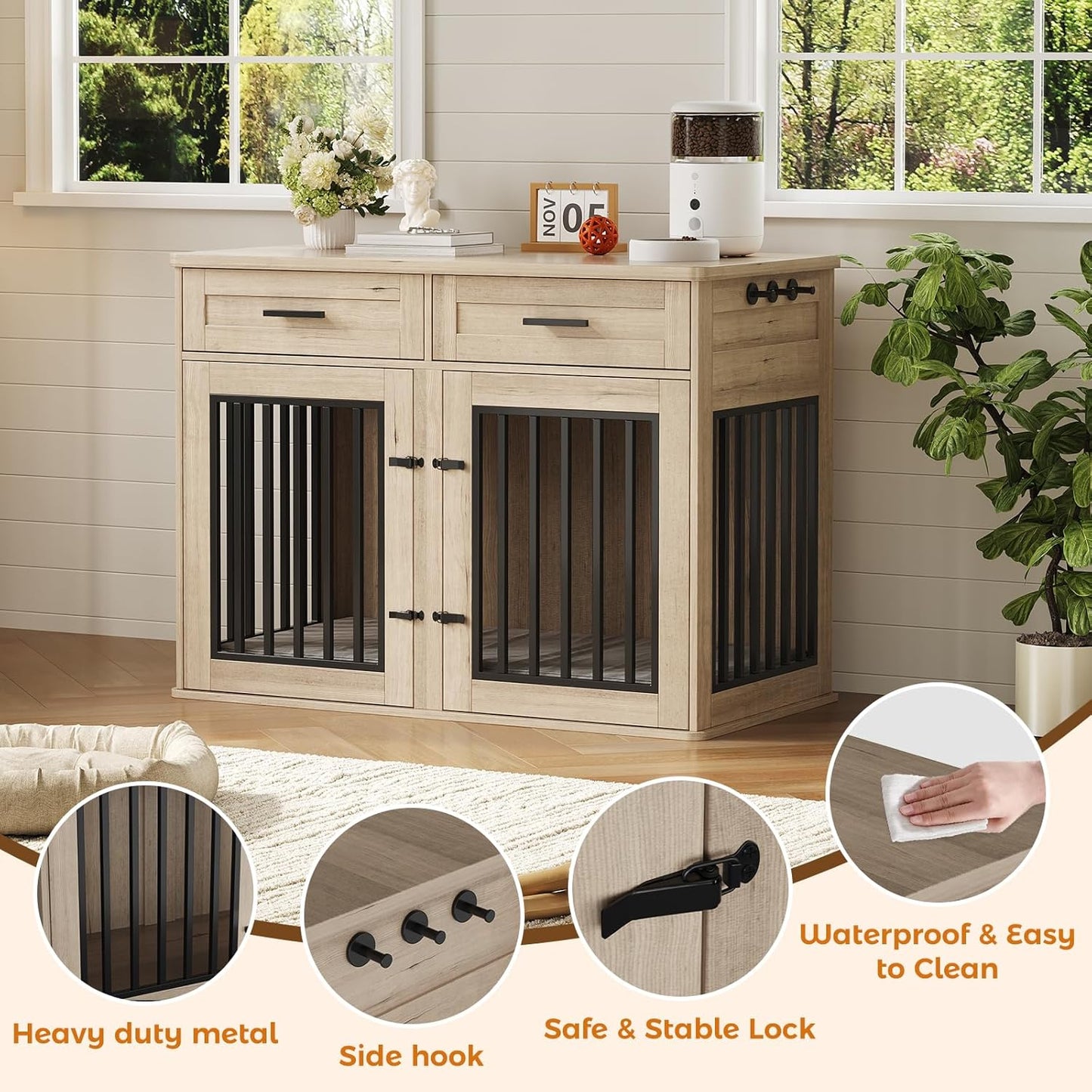 Extra Large Dog Crate Furniture,44.5 Inches Wooden Dog Crate with 2 Storage Drawers and 3 Hooks,Heavy Duty Pet Crate for Large Dog, Decorative Pet Cage with Sliding Barn Door for Indoor,Grey