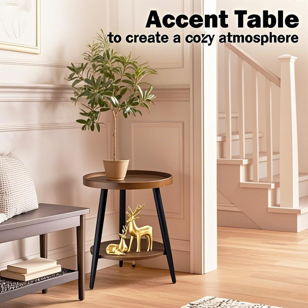 Small round Side Table, 2-Tier Mid Century Modern Side Table, round End Table Small End Table for Living Room, Metal Frames, Brown