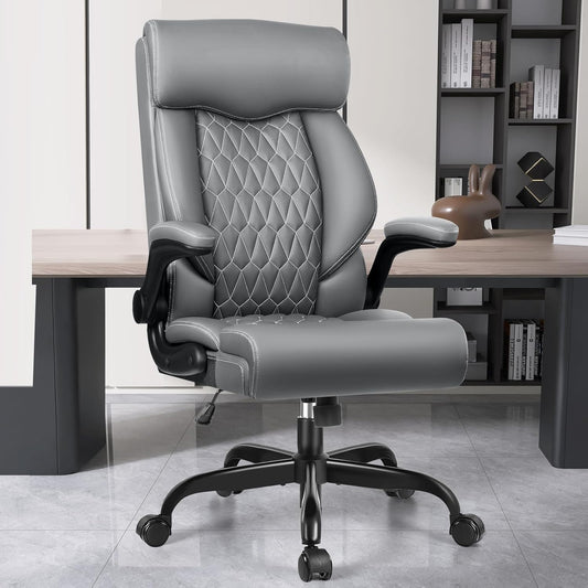 High Back Executive Ergonomic Computer Desk Chair with Rocking Function, Leather Managerial Office Chair with Adjustable Flip-Up Armrests and Lumbar Support