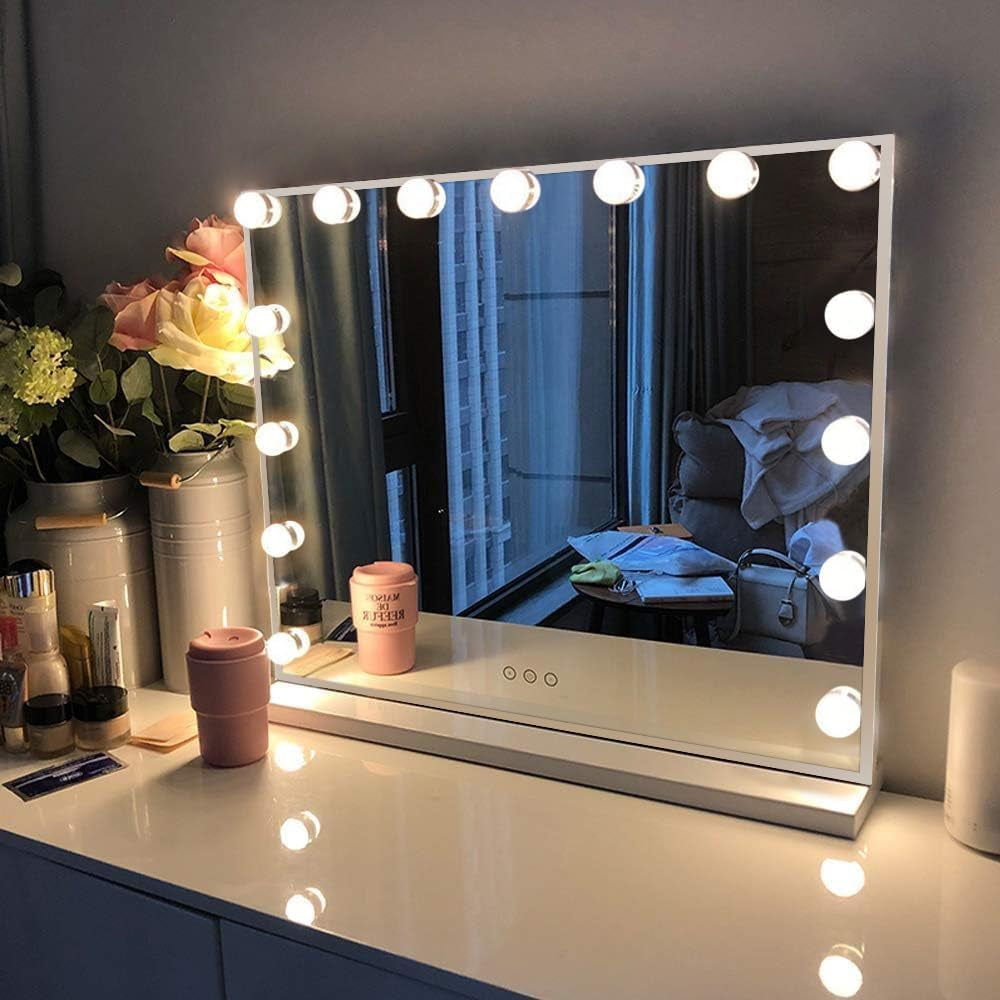 Vanity Mirror with Lights, Hollywood Lighted Makeup Mirror with 15 Dimmable LED Bulbs for Dressing Room & Bedroom, Slim Metal Frame Design, White