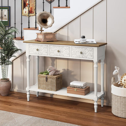 Entryway Console Table with 3 Drawers，42" Carved Hallway Table with Open Shelf，Long Sofa Table for Living Room, Hallway, behind Couch,White