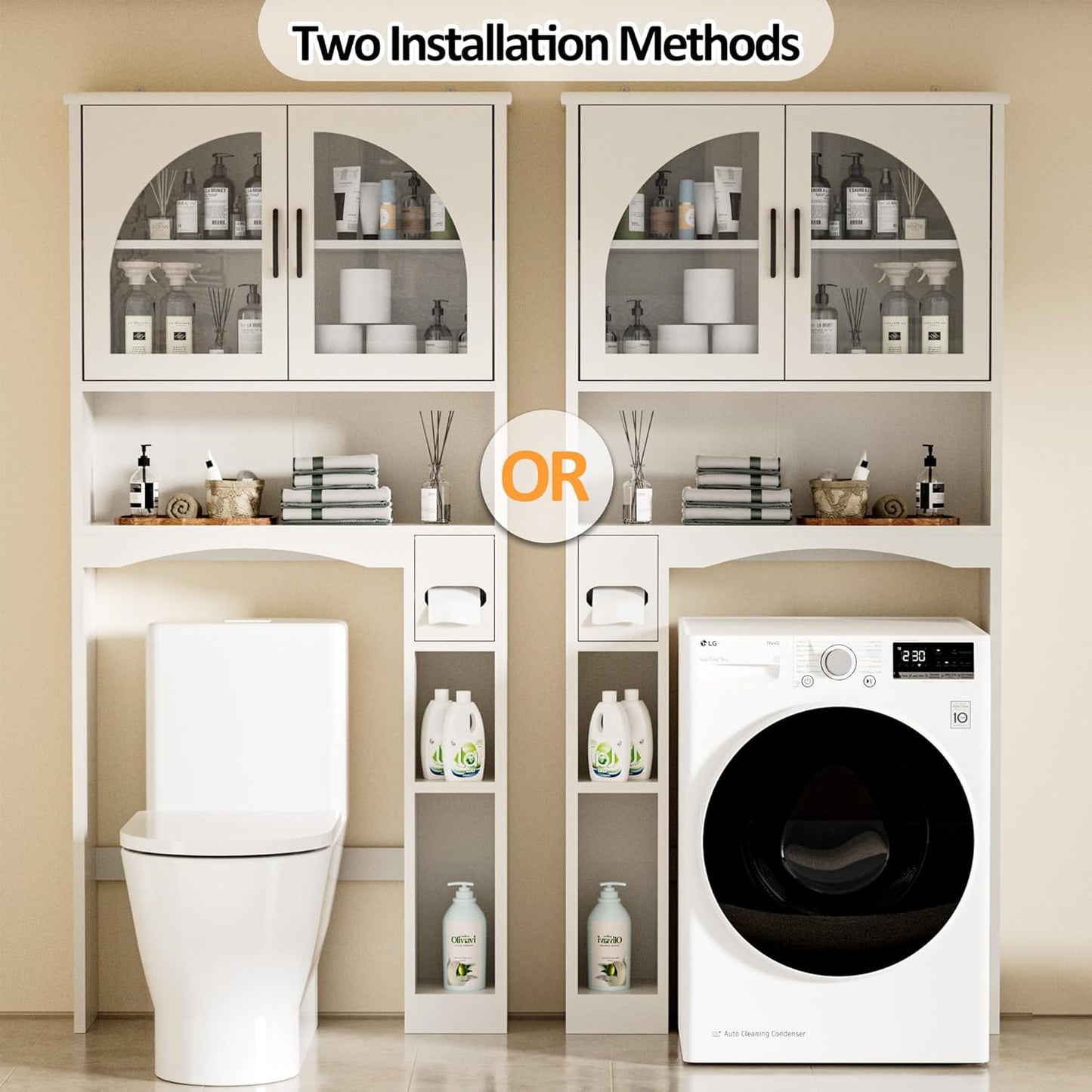 over the Toilet Storage Cabinet, over Toilet Bathroom Organizers with Adjustable Shelf and Glass Doors, Bathroom Space Saver above Washer with Anti-Tip Device, White