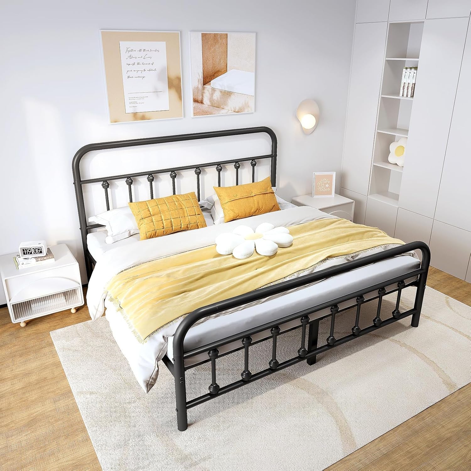 Metal Bed Frame,Queen Size Bed Frame with Headboard,Structurally Stable, Heavy Duty Steel Slat Supported,Under Bed Storage,No Box Spring Needed,14 Inch,Black