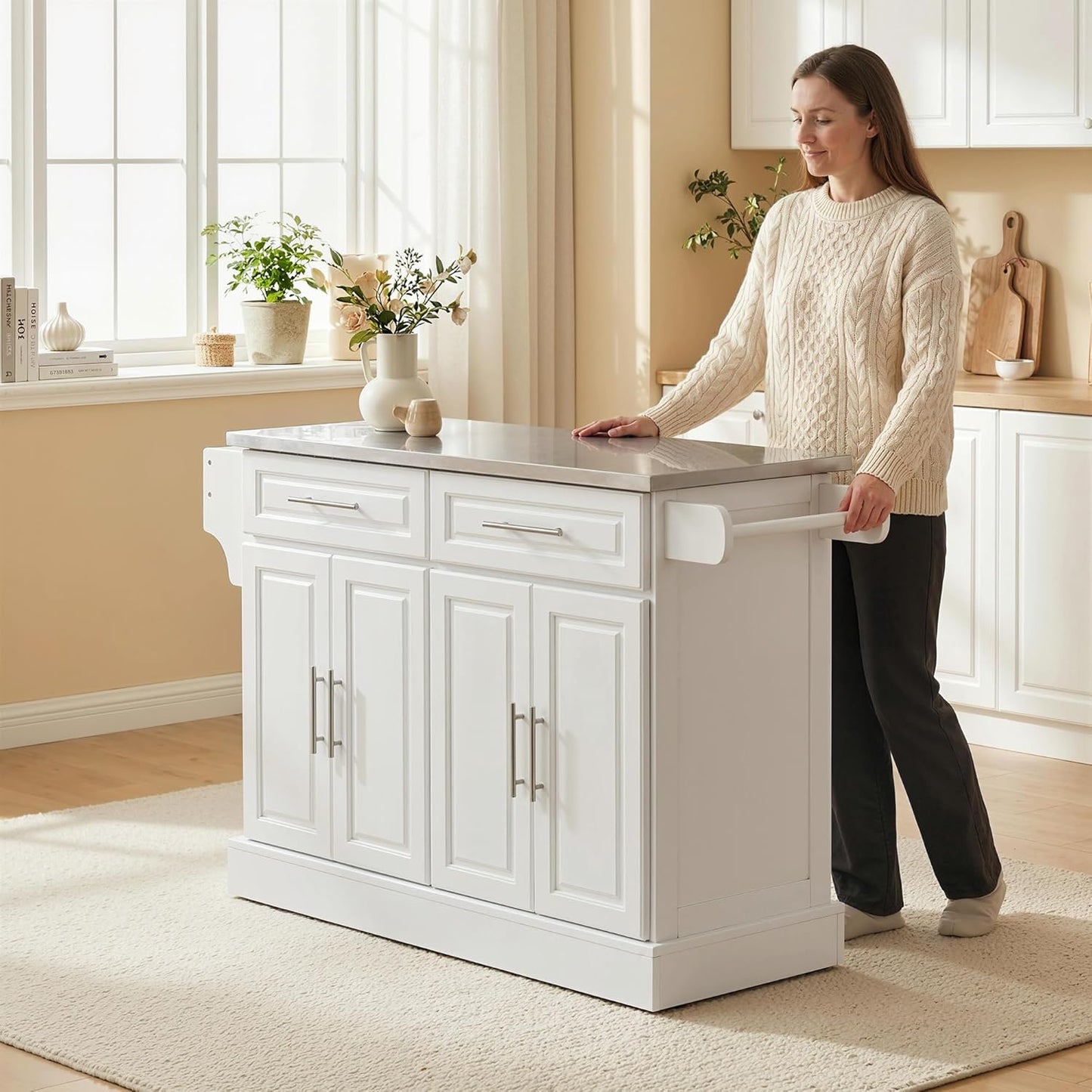 Rolling Kitchen Island Cart with 47" Stainless Steel Top, Portable Island Table for Kitchen with Wheels, Adjustable Shelves, 2 Drawers, Spice, Knife and Towel Rack, White