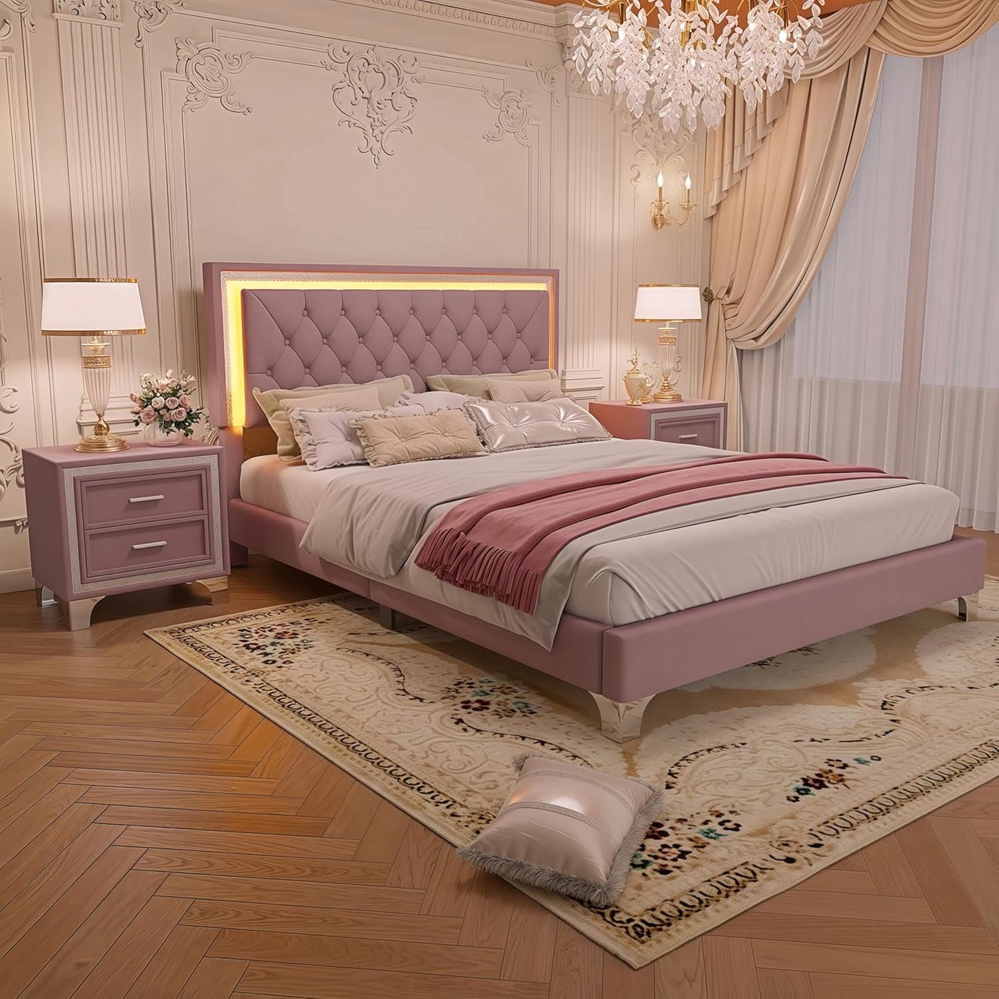 Bedroom Sets, 3-Pieces Bedroom Sets, Queen Size Upholstered Platform Bed with LED Lights and 2 Nightstands, Pink