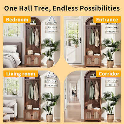 Hall Tree with Bench and Shoe Storage, 70.9" Farmhouse Entryway Storage Bench with 4 Hooks and 2 Fluted Doors, Arch Coat Rack Rustic Hall Cabinet Organizer for Hallway,Mud Room,Small Space