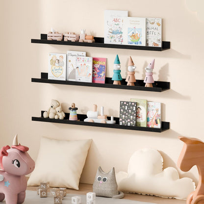 Floating Shelves for Wall, 35.5 Inch Shelves for Decor Storage Set of 6, Wall Mounted Wood Shelf for Bedroom, Living Room, Bathroom, Kitchen, Long Picture Ledge Shelves, Black