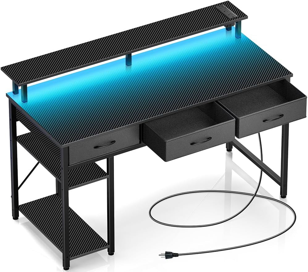 Computer Desk with Power Outlets & LED Light, 47 Inch Home Office Desk with 3 Drawers and Storage Shelves, Writing Desk with Monitor Stand, Modern Work Desk for Home Office, Carbon Black