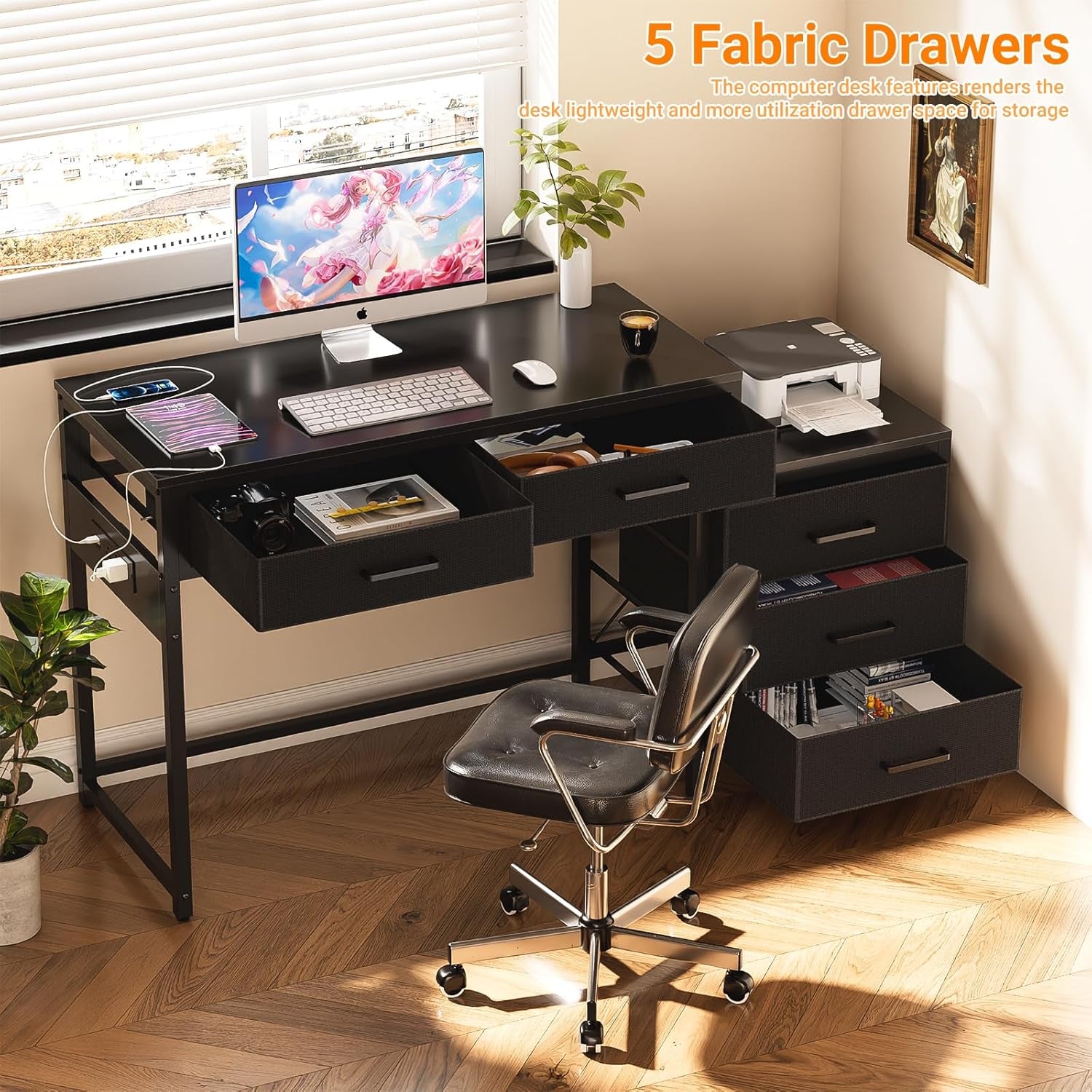 Reversible Computer Desk with 5 Drawers, Sturdy Office Desk with Power Outlets and USB Ports, Corner Writing Table with File Cabinet & Printer Stand, Vanity Desk with Storage, Black