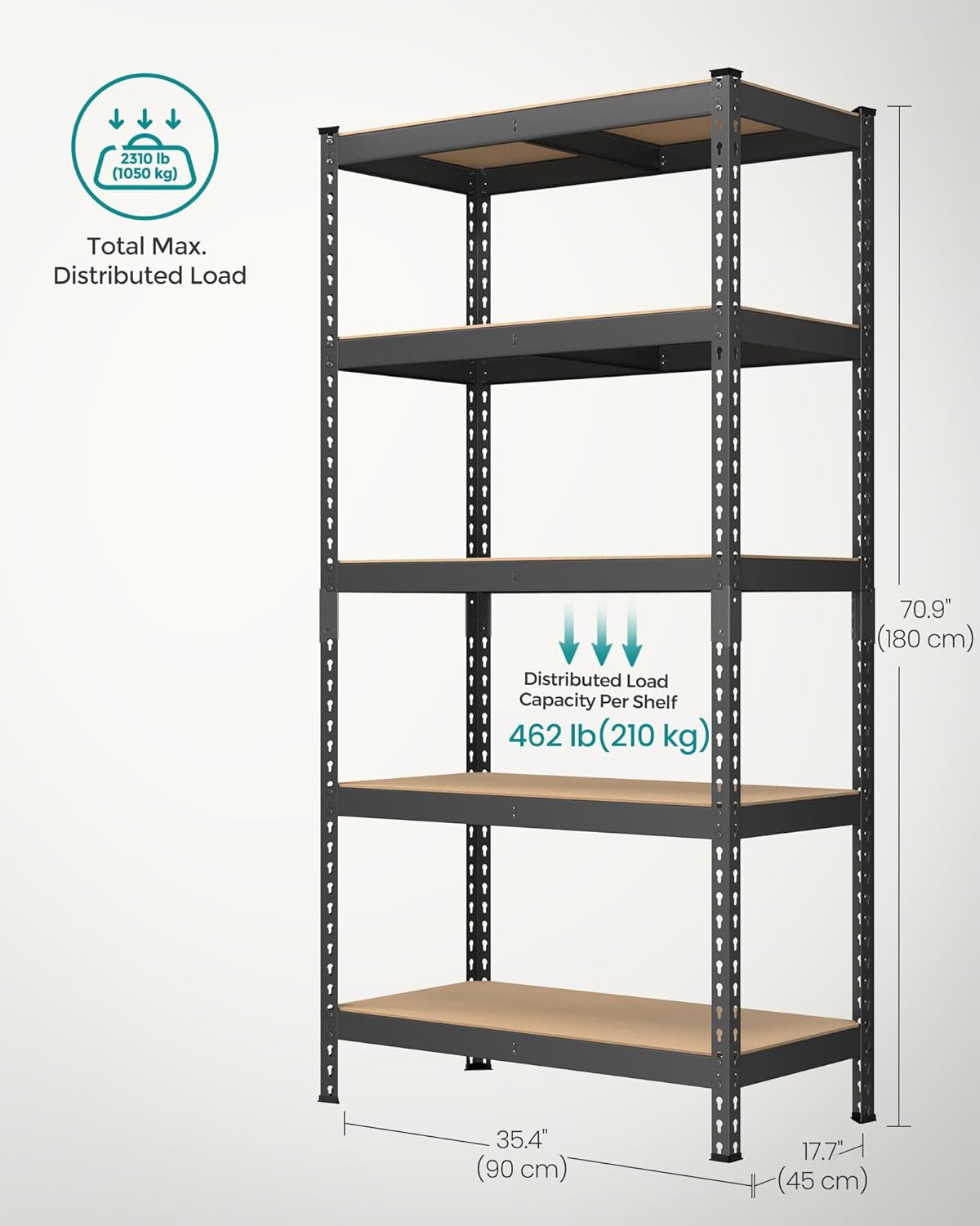 5-Tier Storage Shelves, Load 2310 Lb, Set of 2 Garage Storage, Boltless Assembly, Adjustable Shelving Unit, 17.7 X 35.4 X 70.9 Inches, for Study Shed Basement, Black UGLR450B02