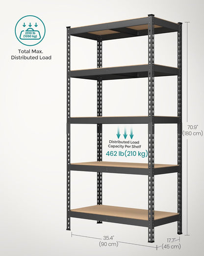 5-Tier Storage Shelves, Load 2310 Lb, Set of 2 Garage Storage, Boltless Assembly, Adjustable Shelving Unit, 17.7 X 35.4 X 70.9 Inches, for Study Shed Basement, Black UGLR450B02