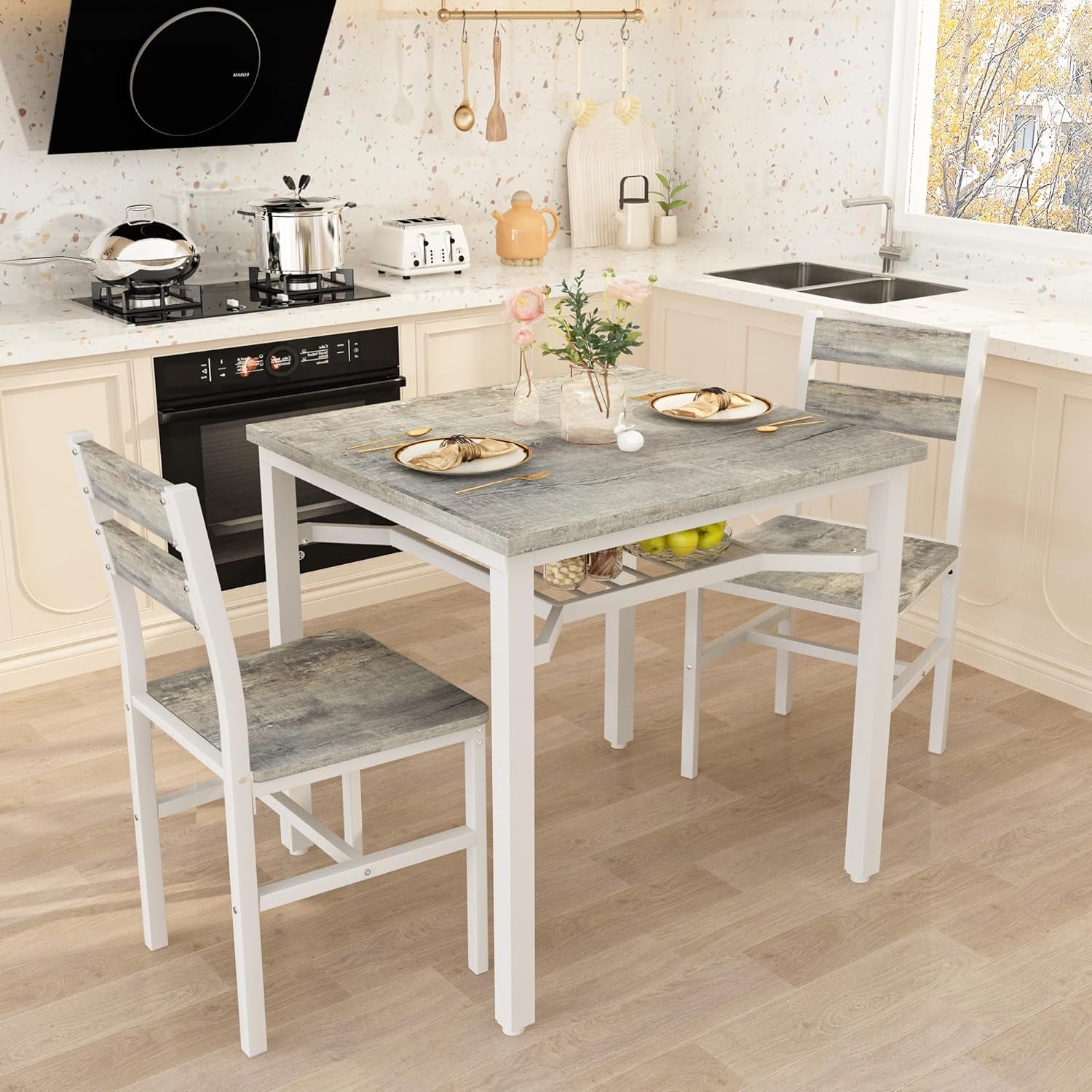 3 Piece Dining Table Set for 2, Small Wooden Kitchen Table with Storage, Farmhouse Square Dinette Set for Dining Room, Breakfast Nook, Apartment, Small Space