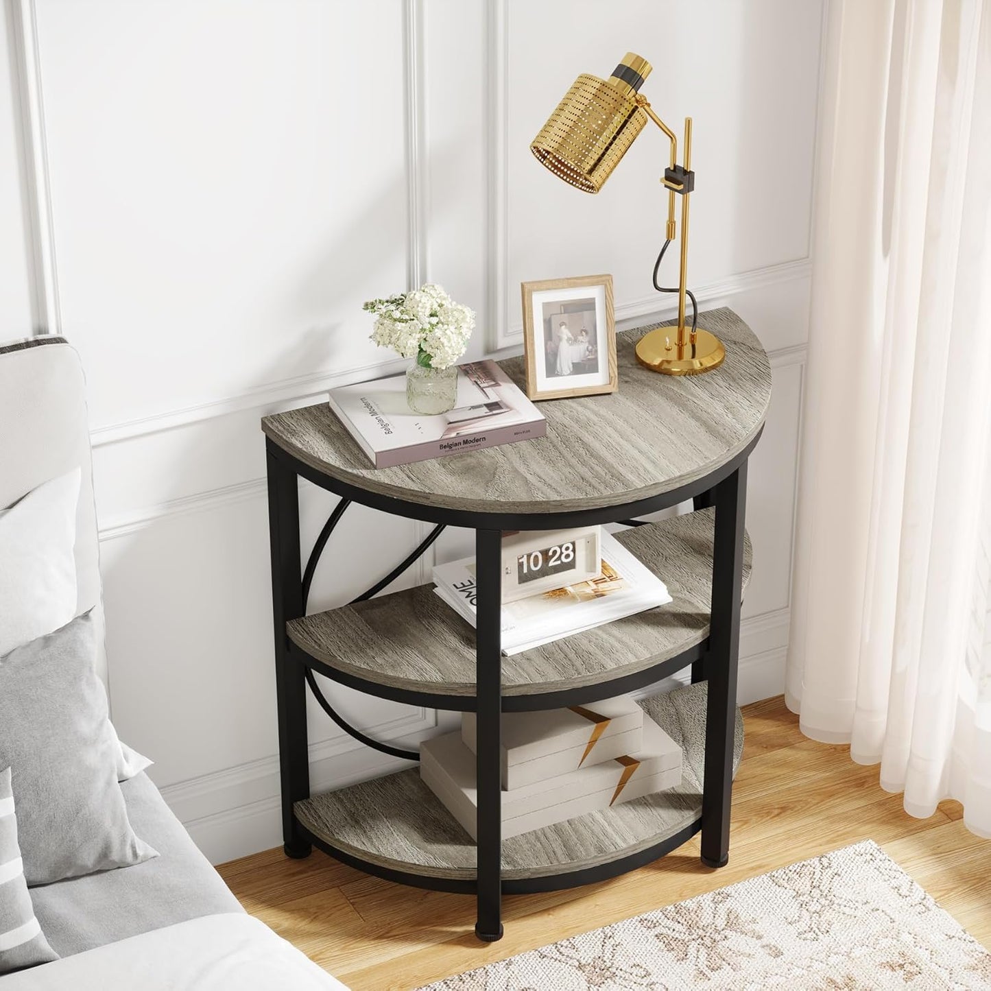 Half round End Table for Living Room Set of 2, 3-Tier Half Side Table with Metal Frame, Industrial Half Moon Table with Storage Shelves for Entryway, Bedroom, Grey