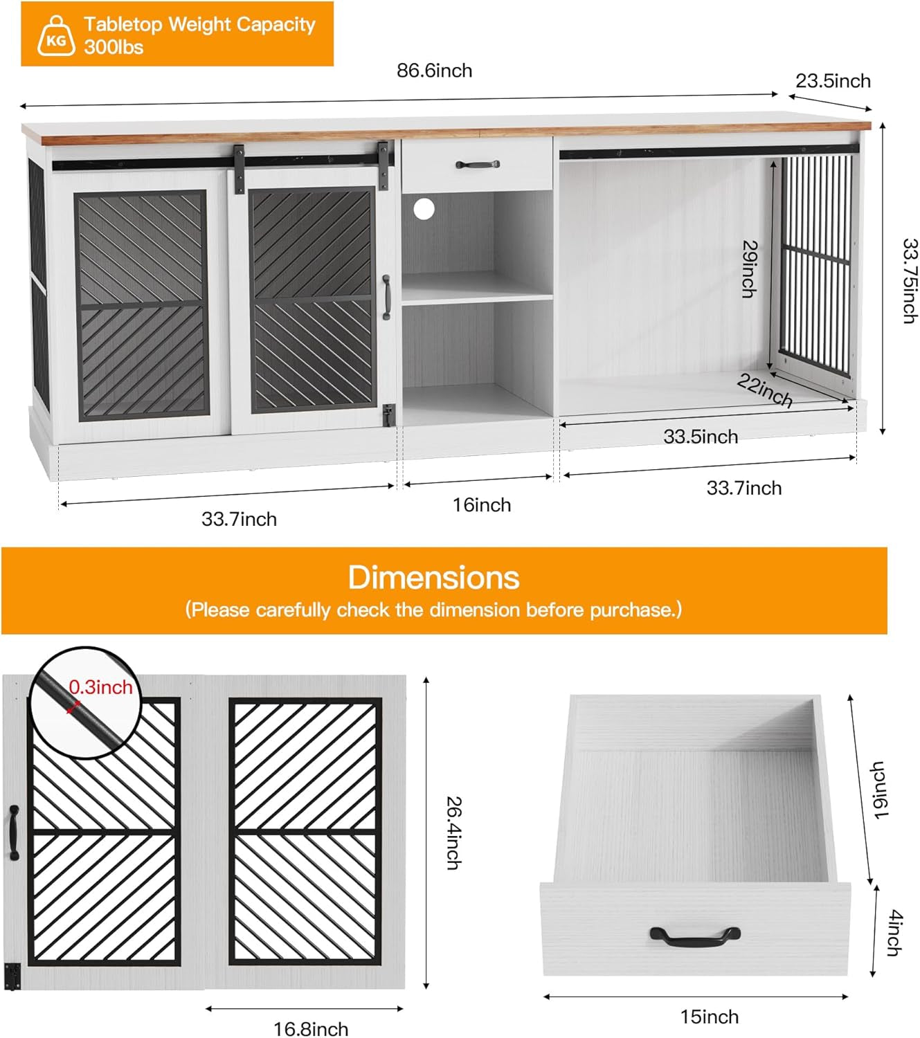 86" Dog Crate Furniture for 2 Dogs,Heavy Duty Indoor Dog Kennel End Table,Wooden Double Dog Cage Furniture Large Breed,Tv Stand with Divider & Storage Drawer