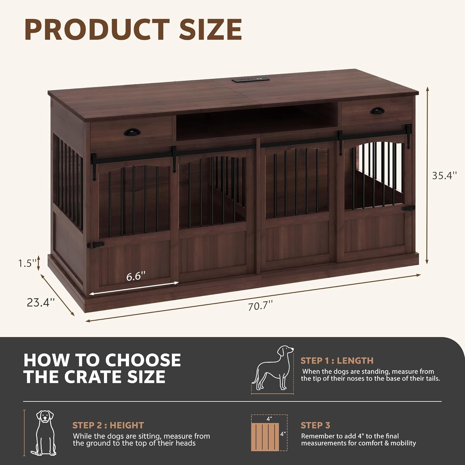 70.86" Double Dog Crate Furniture with Storage for 2 Medium Large Dogs Farmhouse Wooden Dog Kennel Furniture with 2 Sliding Doors Divider & Power Outlets Decorative Dog Cage TV Stand Brown