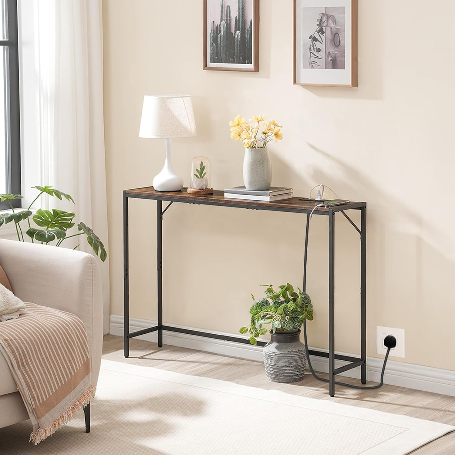 Console Table, Narrow Sofa Table, 43.3” Entrance Table with Power Station, behind Couch Table, Simple Style, for Living Room, Hallway, Entryway, Foyer, Rustic Brown and Black CTHR112E01