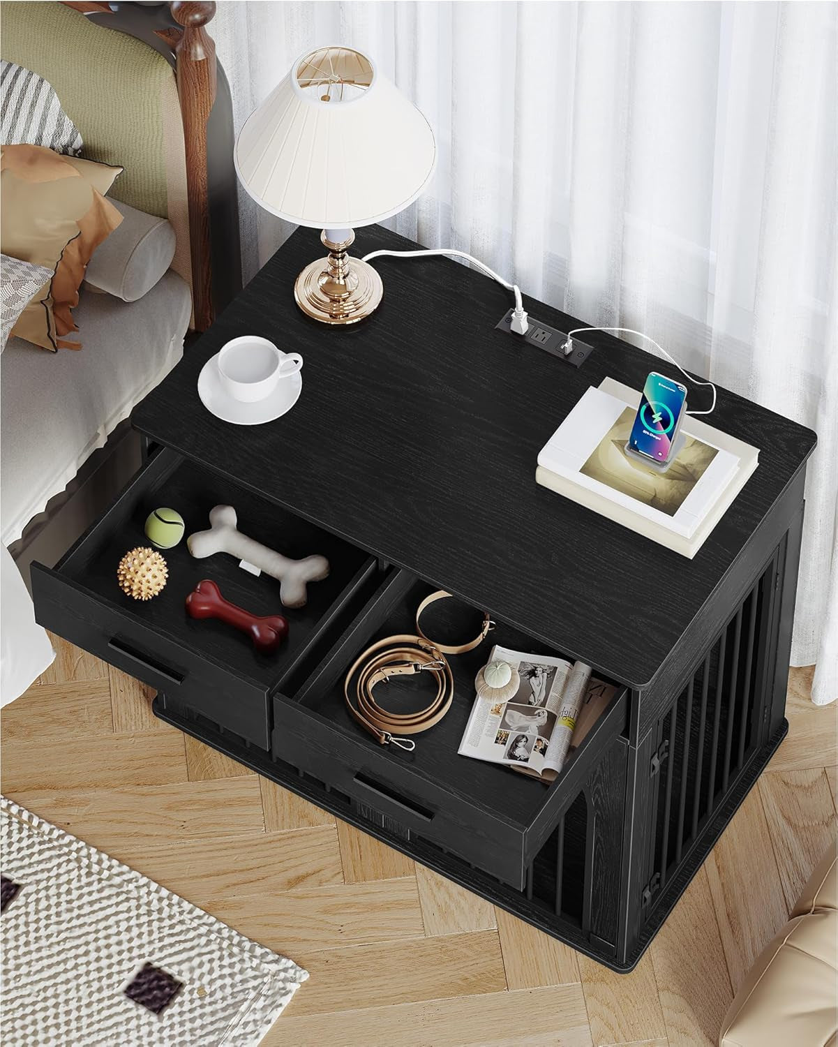 43.3'' Large Dog Crate Furniture with 2 Storage Drawers, Heavy Duty Dog Kennel Indoor with Charging Station, Wooden Dog Cage End Table Kennel for Medium/Large Dogs, White Brown DFC88214B