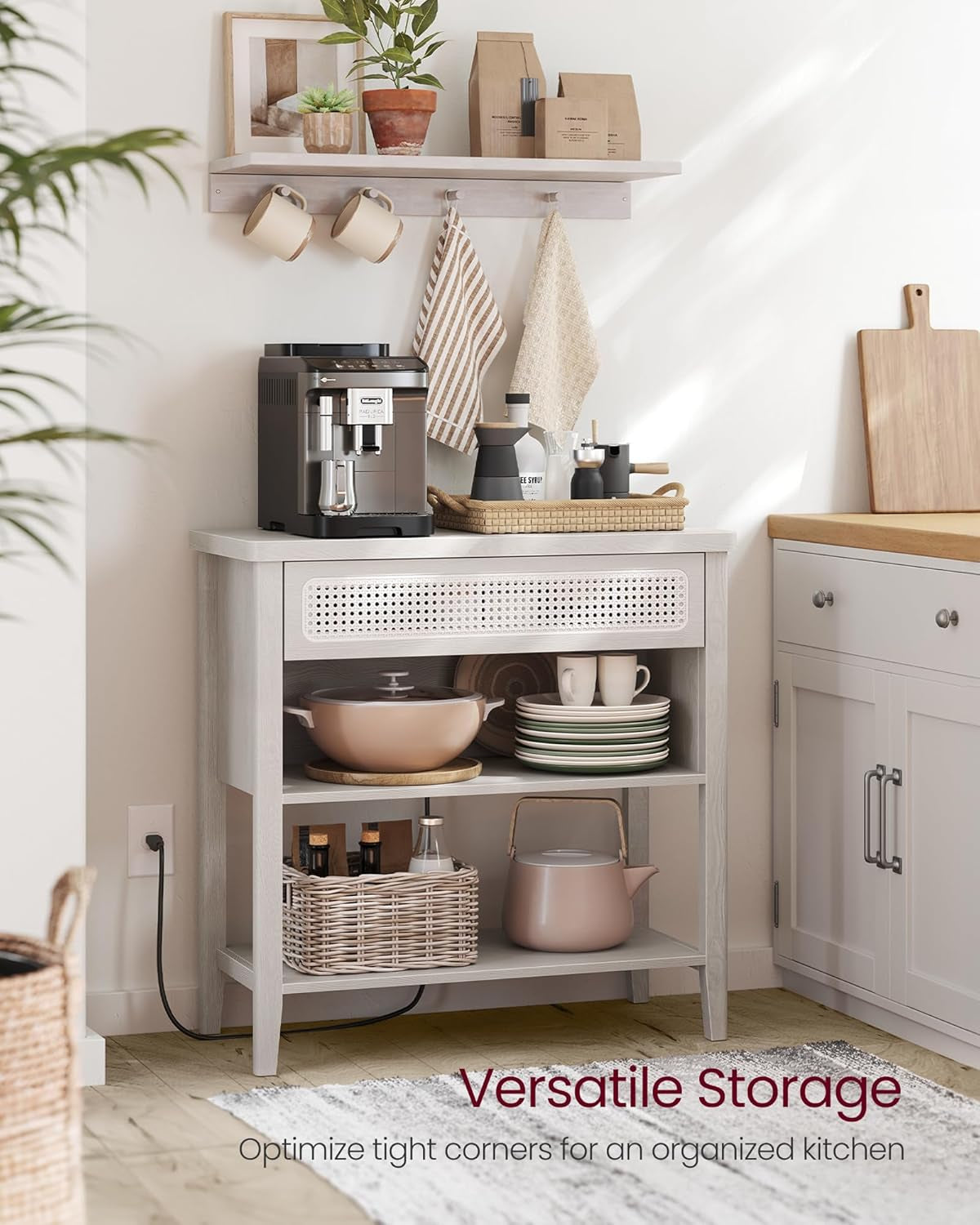 Console Table with Power Outlets, Entryway Table with Storage Shelf, Sofa Table with Drawer, Open Compartment, Rounded Corners, for Living Room, Boho Style, Oatmeal Beige ULNT140K66