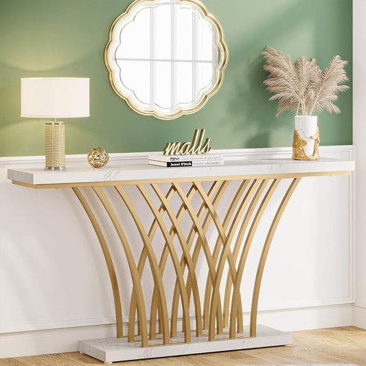 59 Inch Gold Console Table, Modern Entryway Table with Grid-Shaped Metal Base for Entrance, Hallway, Entryway, Living Room(White Faux Marble & Gold)