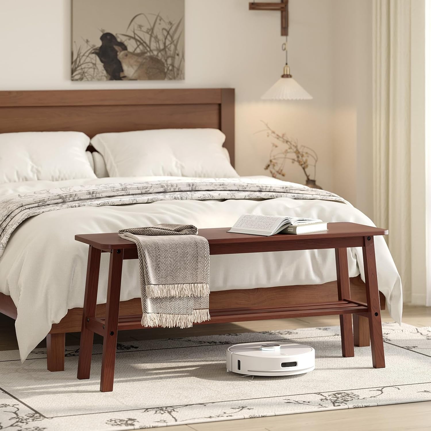 Solid Wood Dining Bench 39" Wooden Bench for Entryway, Bedroom, Kitchen & Living Room, with Shoe Rack Storage, Walnut