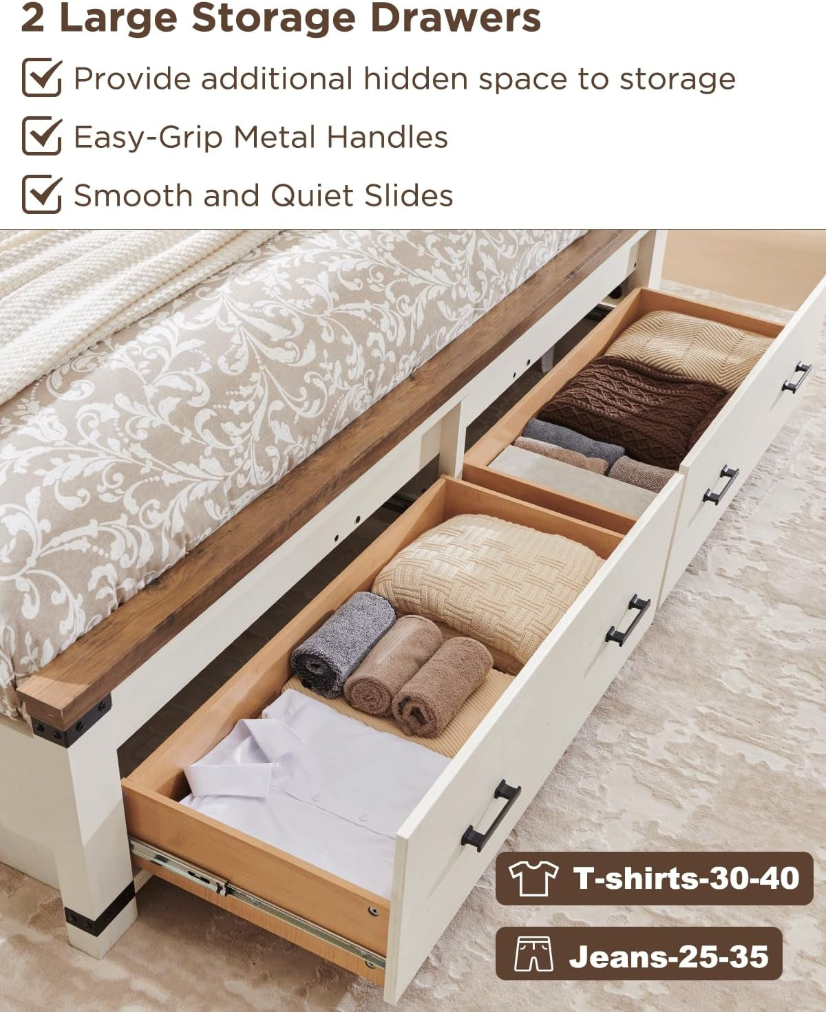 Farmhouse Queen Size Bed Frame with 54" Tall Geometric Headboard & 2 Large Storage Drawers, Rustic Wood Platform Bed with Wood Slats Support, No Box Spring Needed, Antique White