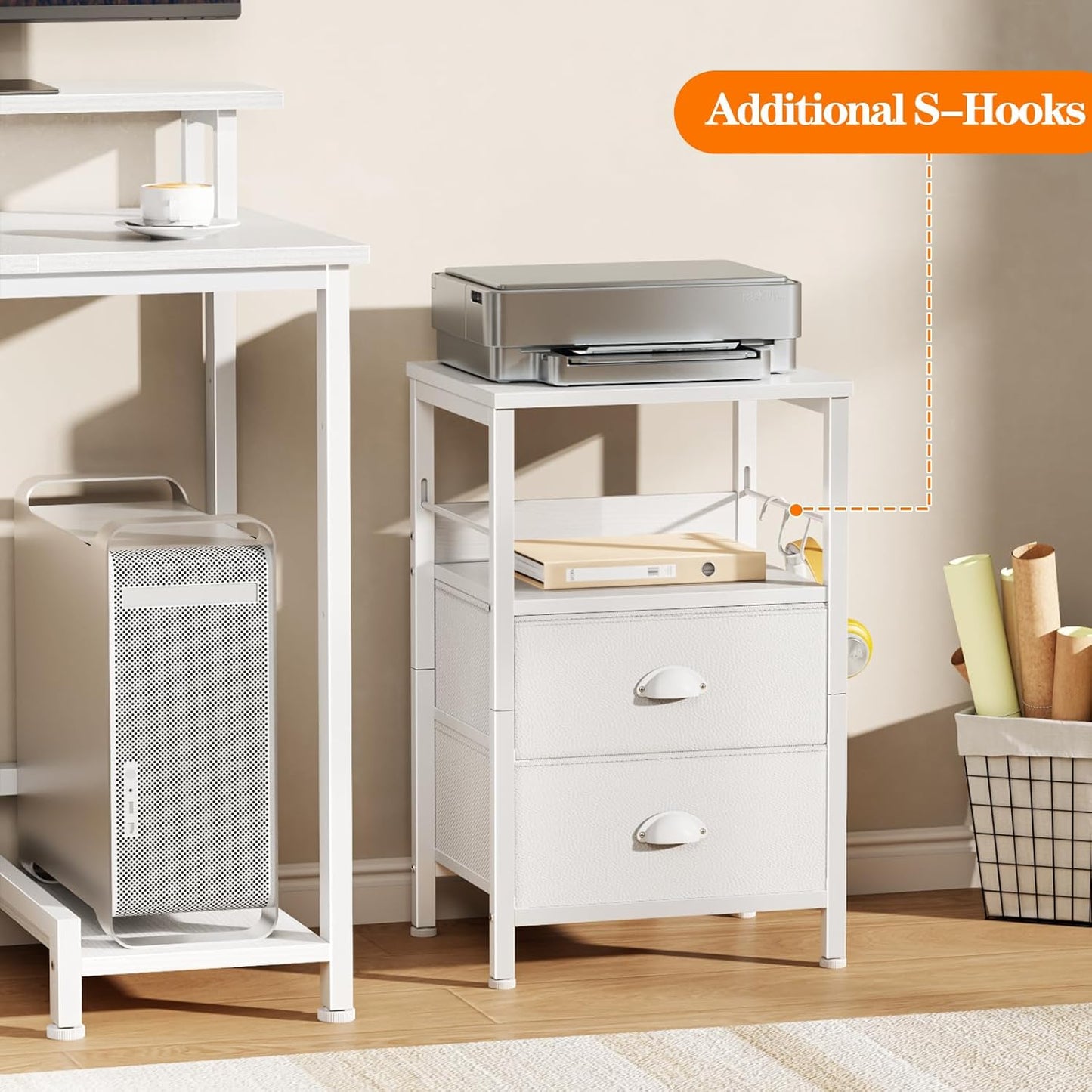 Nightstands Set of 2, End Table with 2 Fabric Drawers, Night Stand with 2 Hooks, Open Wood Shelf Bedside Table for Bedroom/Living Room/White