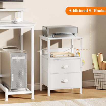 Nightstands Set of 2, End Table with 2 Fabric Drawers, Night Stand with 2 Hooks, Open Wood Shelf Bedside Table for Bedroom/Living Room/White