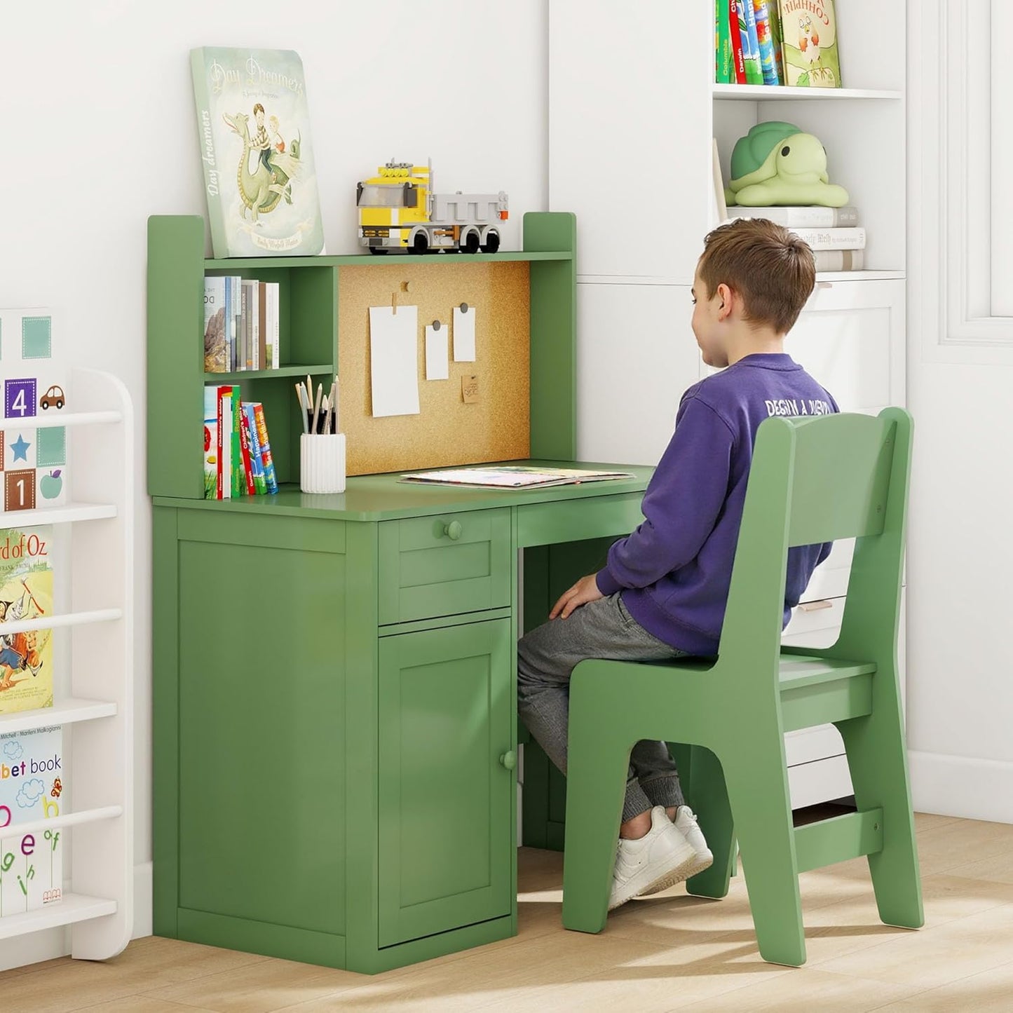 Kids Study Desk with Chair, Children Wooden Study Table with Hutch & Storage Cabinet, Kids Desk Chair Set for 5-12 Years Old, Student Writing Table Computer Workstation for Boys, Green