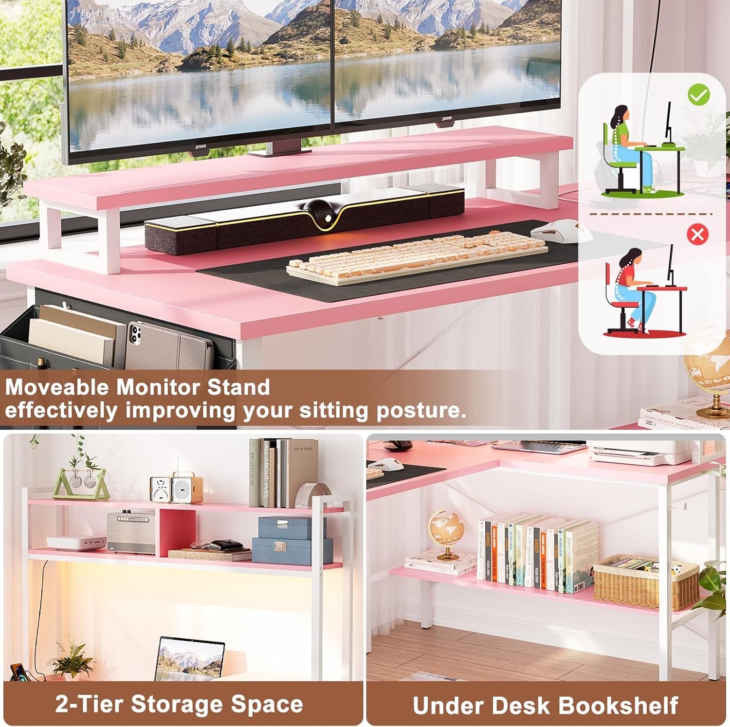 L Shaped Gaming Desk with Power Outlets & LED Lights, Small L- Shaped Desk Computer Corner Desk with Monitor Stand & Storage Shelf, Home Office Desk Writing Desk with Storage Bag, Pink