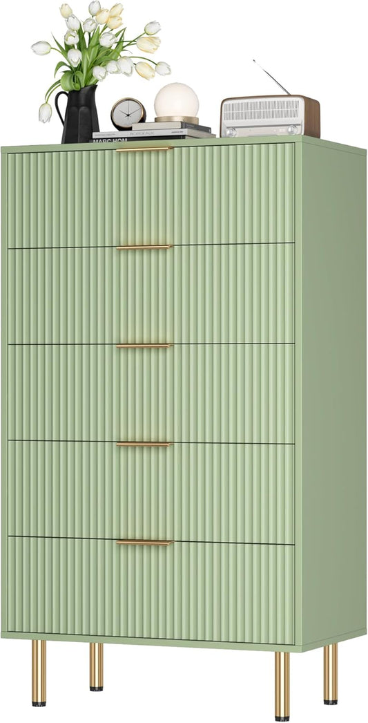5 Drawers Dresser for Bedroom, Fluted Dresser Chest of Drawers with Handle, Wood Modern Dressers for Closet, Bedroom Furniture Storage Organizer for Living Room, Hallway