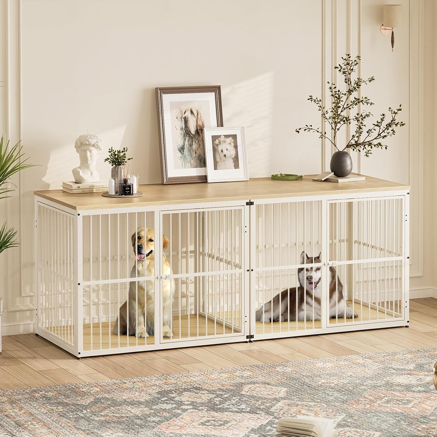 86.62'' Dog Crate Furniture Large Breed TV Stand with Double Rooms for 2 Large Medium Dogs, Wooden Indoor Kennel Crate Cage End Table with Removable Divider, Can Use Separately, Natural Beech