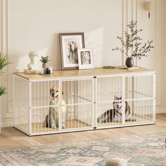 86.62'' Dog Crate Furniture Large Breed TV Stand with Double Rooms for 2 Large Medium Dogs, Wooden Indoor Kennel Crate Cage End Table with Removable Divider, Can Use Separately, Natural Beech