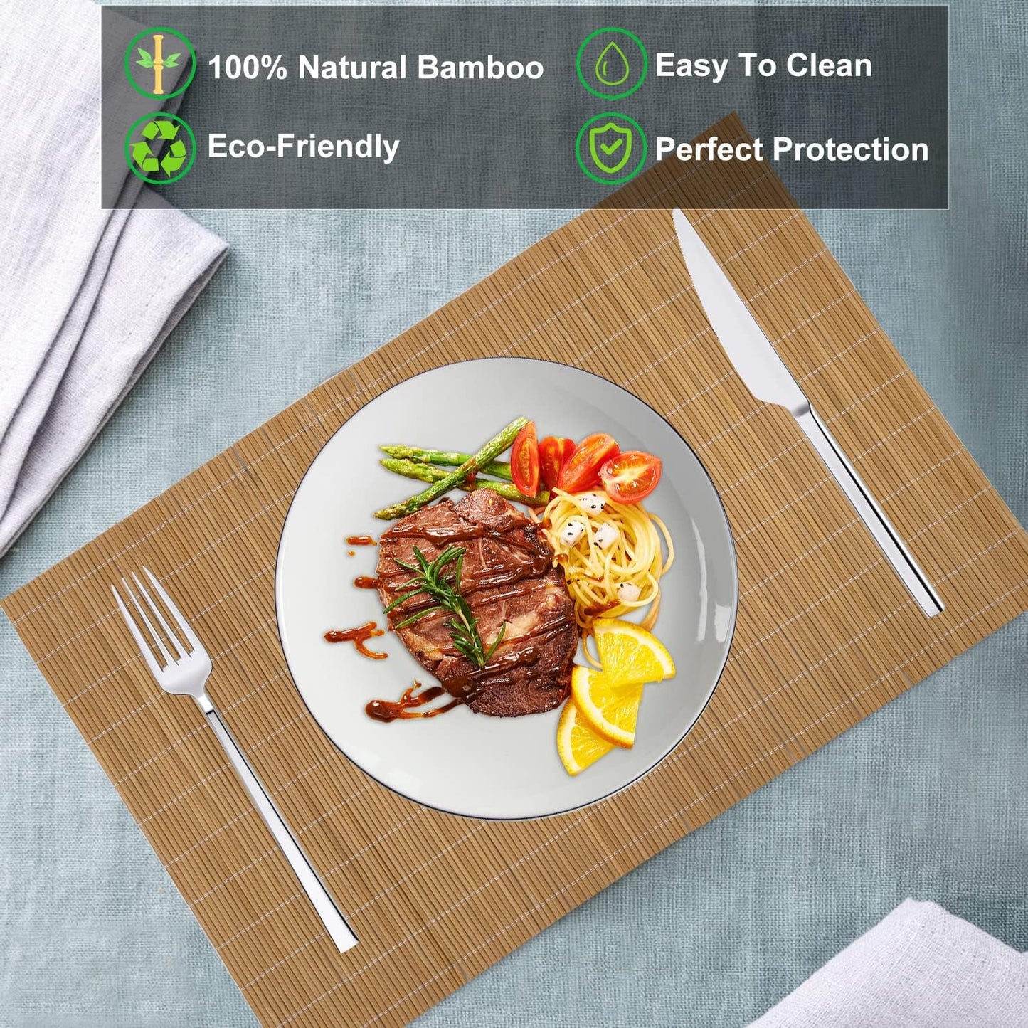 Set of 8 Pcs Bamboo Placemats Sushi Rolling Mat Japanese Style Natural Anti-Slip, Washable Heat-Resistant Table Mats for Dining Room and Kitchen（Brown）