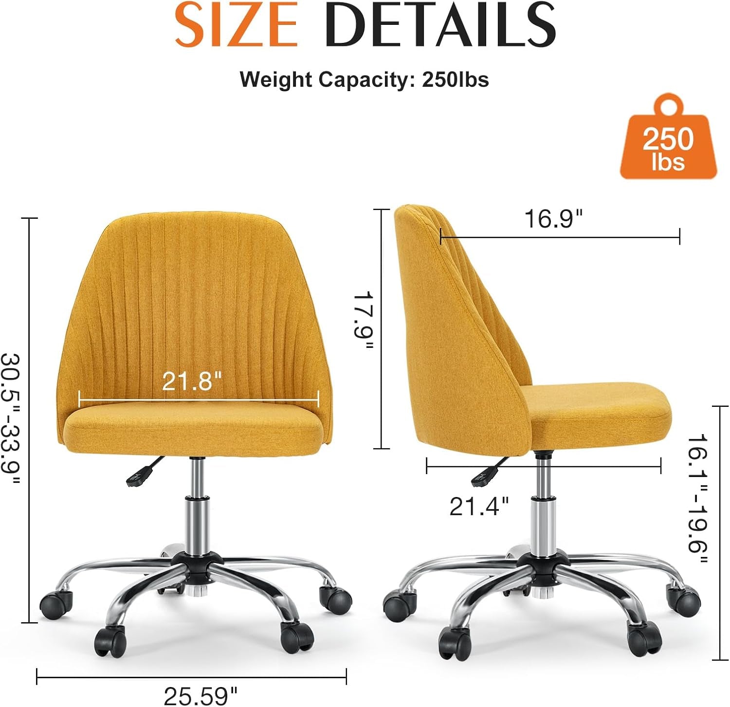 Armless Office Chair, Modern Fabric Home Office Desk Chairs with Wheels Adjustable Swivel Task Computer Vanity Seat for Small Spaces，Ginger Yellow